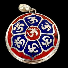 Mantra Om. Red Jasper and Lapis Lazuli inlaid on Sterling silver pendant