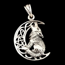 Wolf howling at the moon. Sterling silver pendant