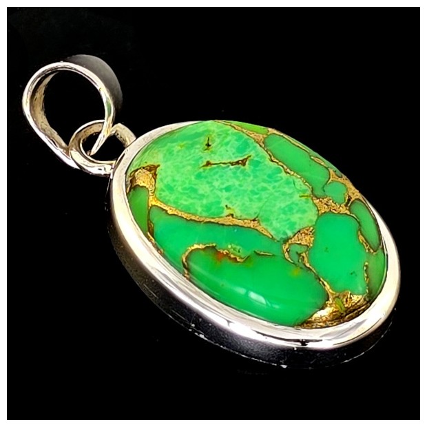 Turquoise Green Copper Pendant. Sterling Silver